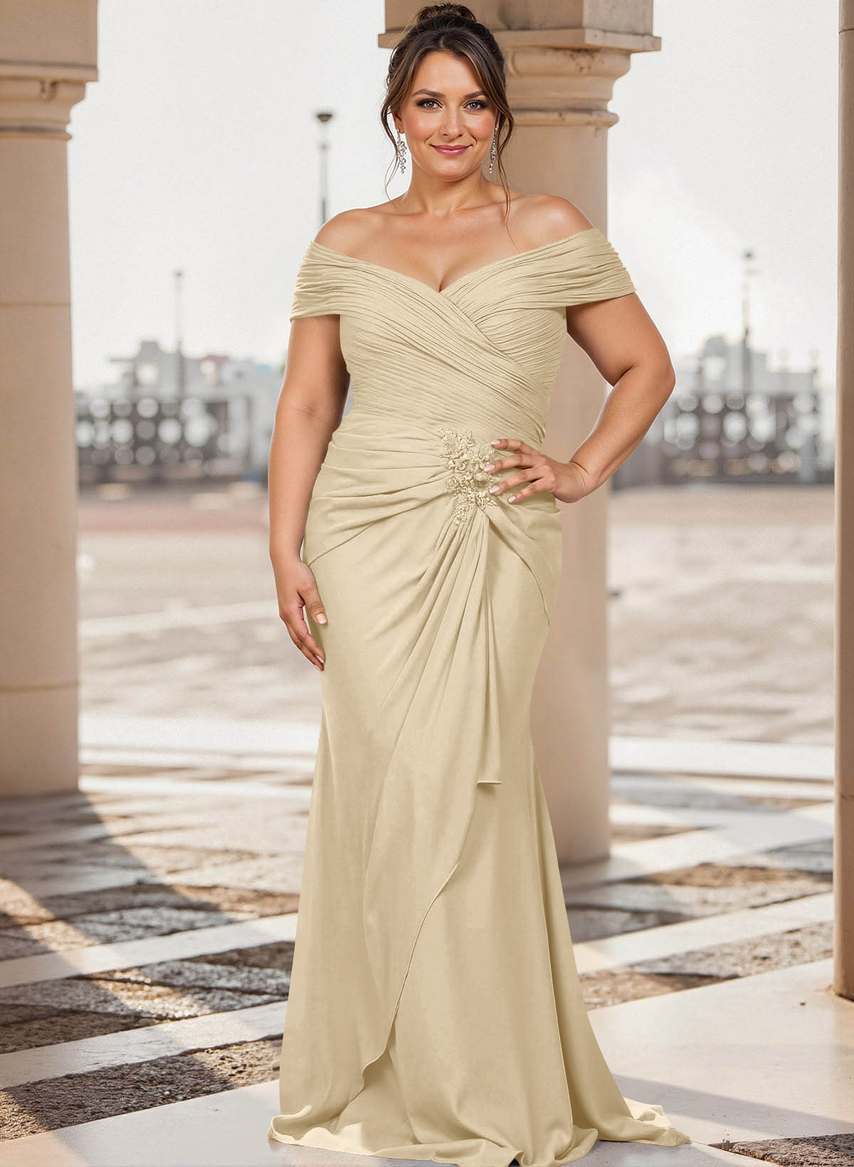 Flattering Ruched Wrap Off Shoulder Ruffled Waist Mother Of The Bride Dresses