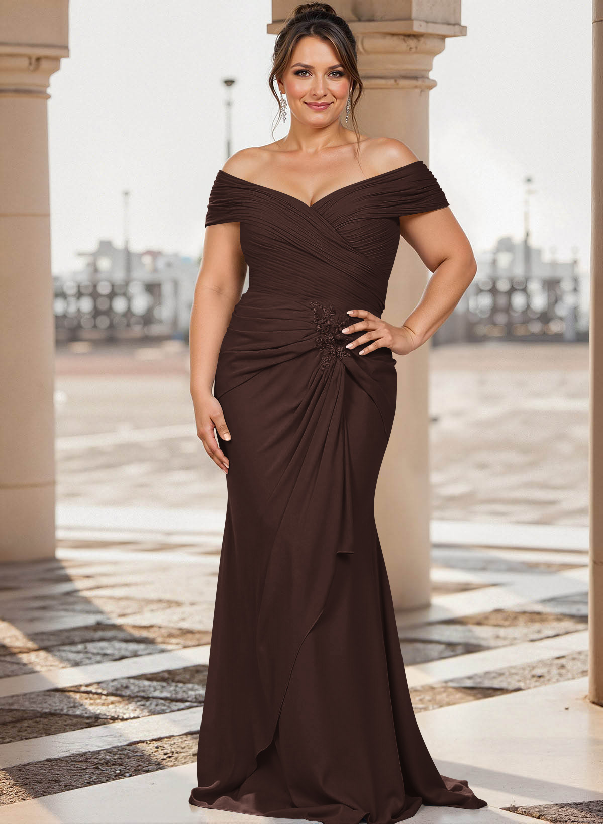 Flattering Ruched Wrap Off Shoulder Ruffled Waist Mother Of The Bride Dresses