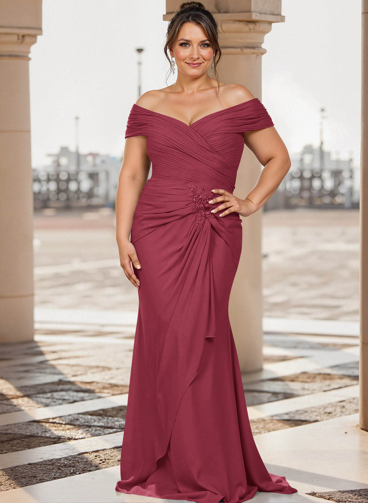 Flattering Ruched Wrap Off Shoulder Ruffled Waist Mother Of The Bride Dresses