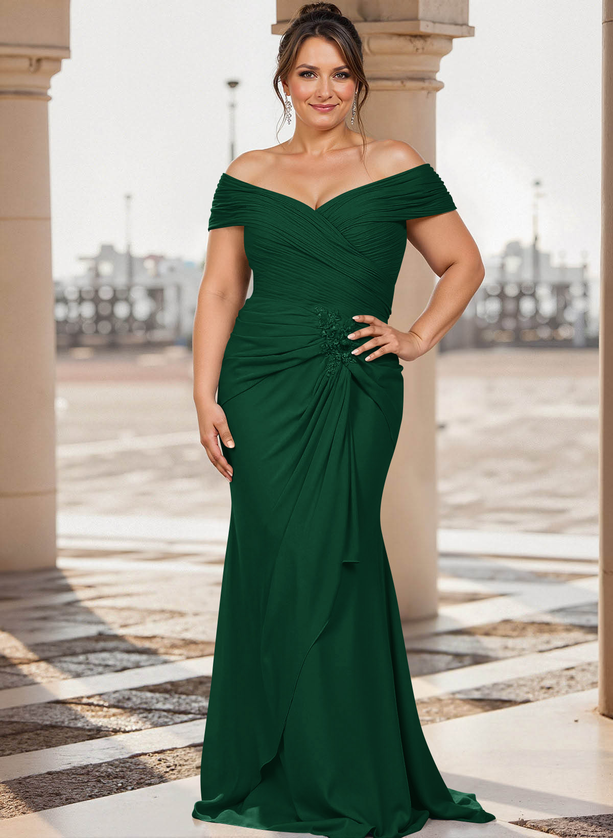 Flattering Ruched Wrap Off Shoulder Ruffled Waist Mother Of The Bride Dresses