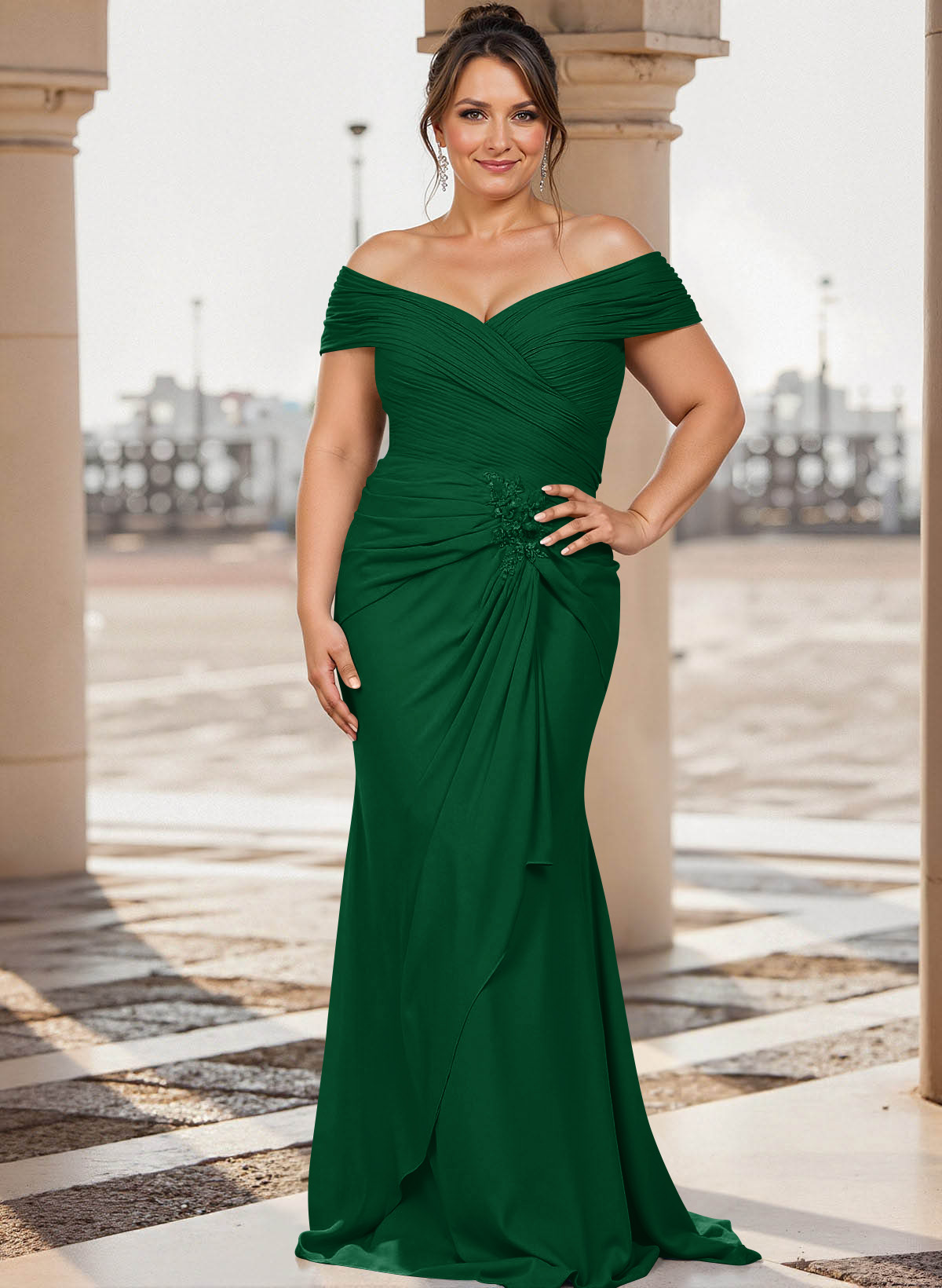 Flattering Ruched Wrap Off Shoulder Ruffled Waist Mother Of The Bride Dresses