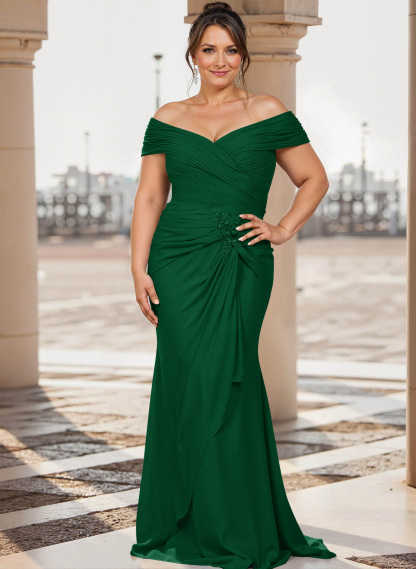 Flattering Ruched Wrap Off Shoulder Ruffled Waist Mother Of The Bride Dresses