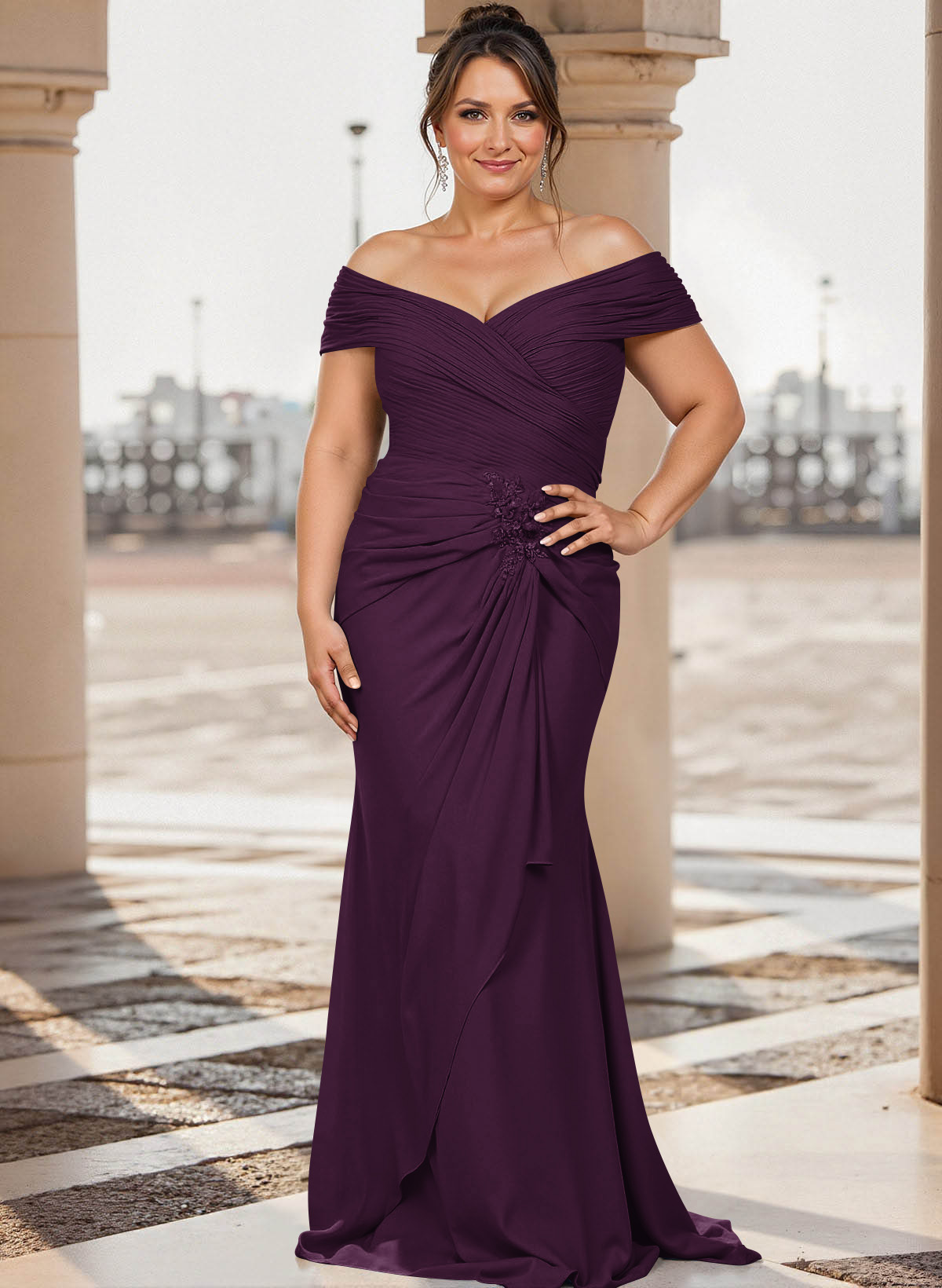 Flattering Ruched Wrap Off Shoulder Ruffled Waist Mother Of The Bride Dresses