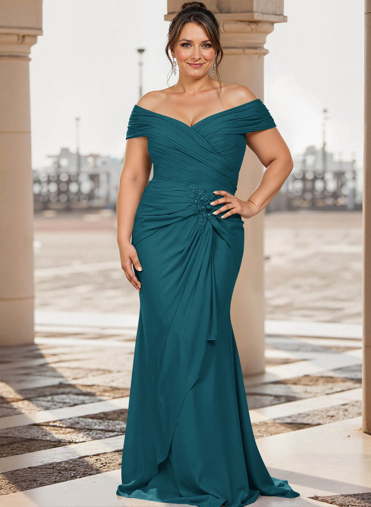 Flattering Ruched Wrap Off Shoulder Ruffled Waist Mother Of The Bride Dresses