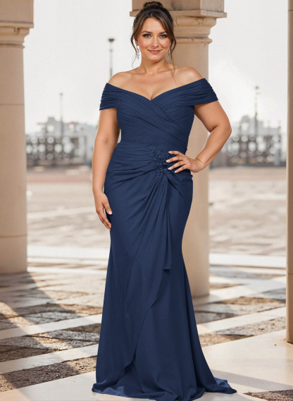 Flattering Ruched Wrap Off Shoulder Ruffled Waist Mother Of The Bride Dresses
