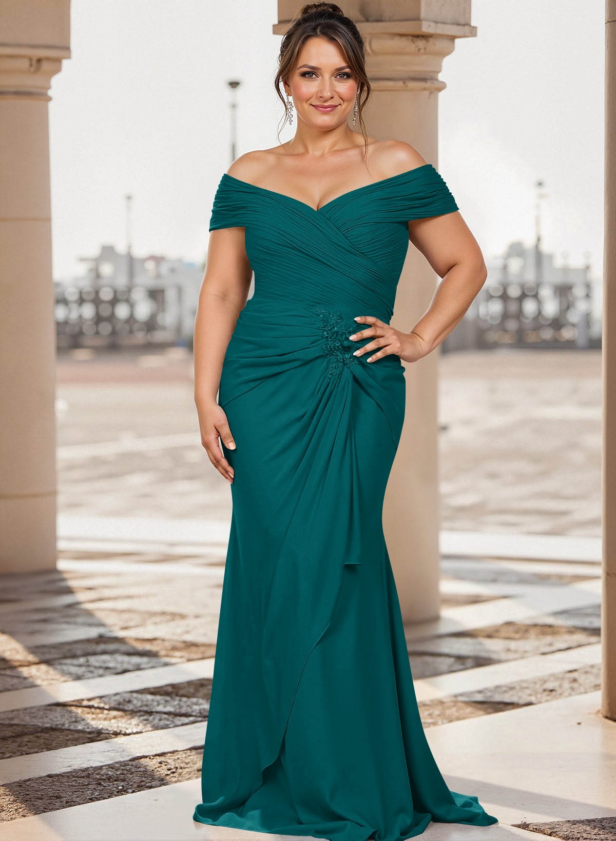Flattering Ruched Wrap Off Shoulder Ruffled Waist Mother Of The Bride Dresses