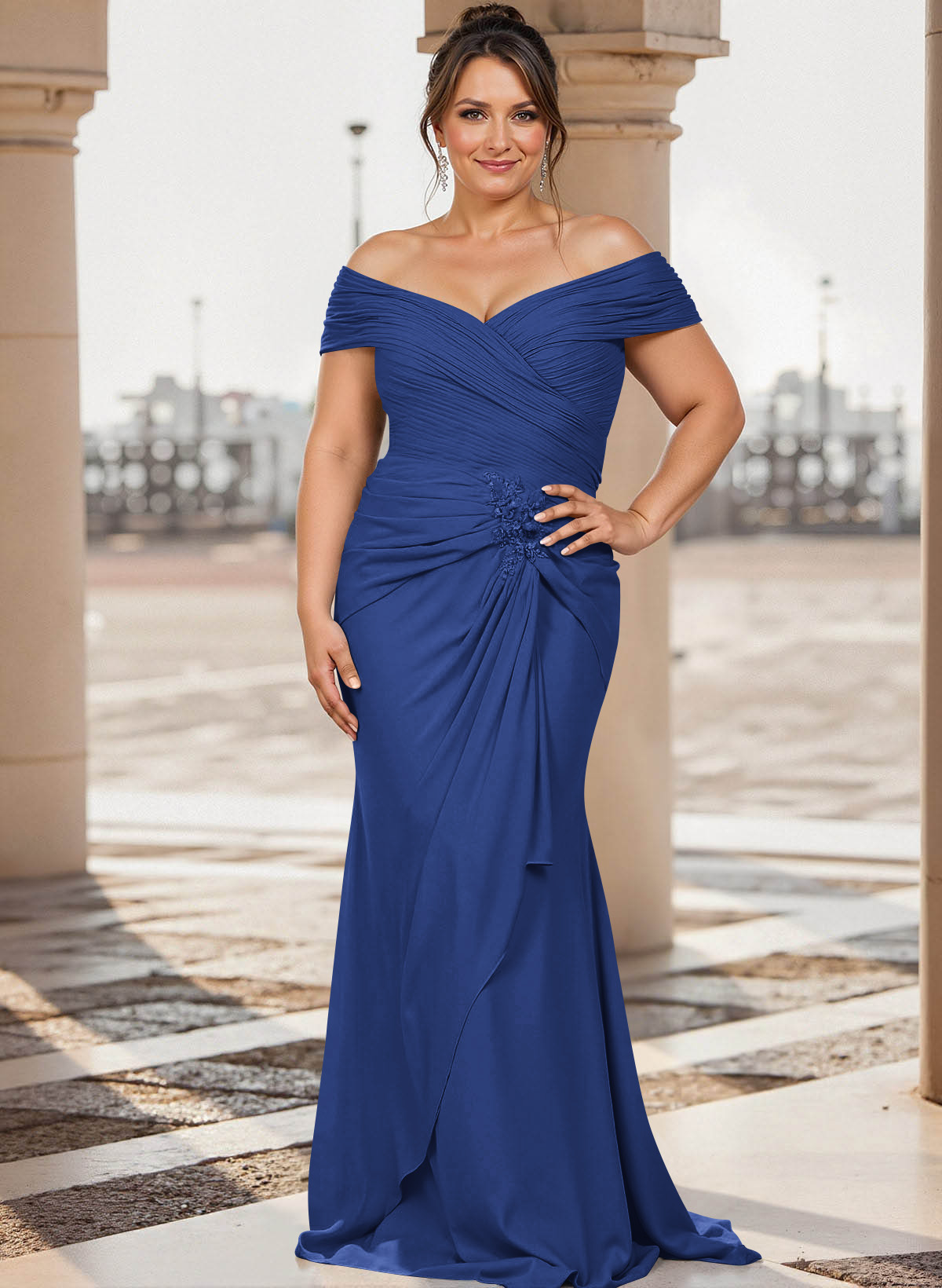 Flattering Ruched Wrap Off Shoulder Ruffled Waist Mother Of The Bride Dresses