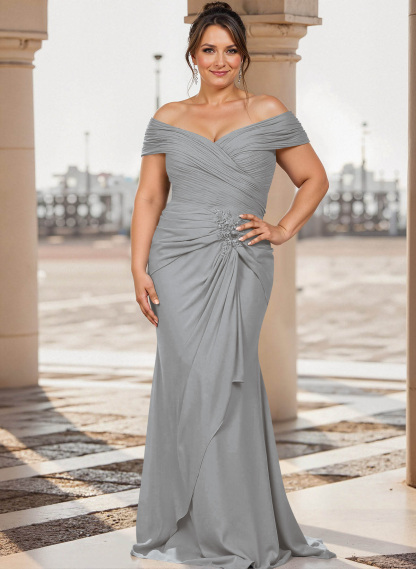 Flattering Ruched Wrap Off Shoulder Ruffled Waist Mother Of The Bride Dresses