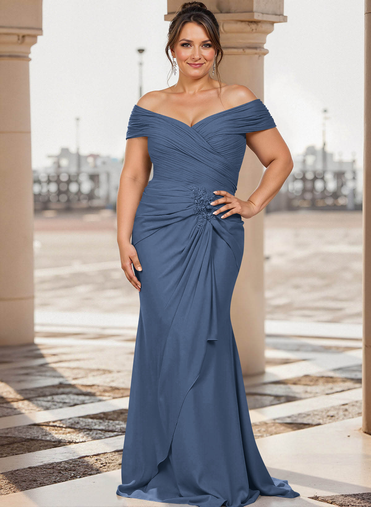 Flattering Ruched Wrap Off Shoulder Ruffled Waist Mother Of The Bride Dresses