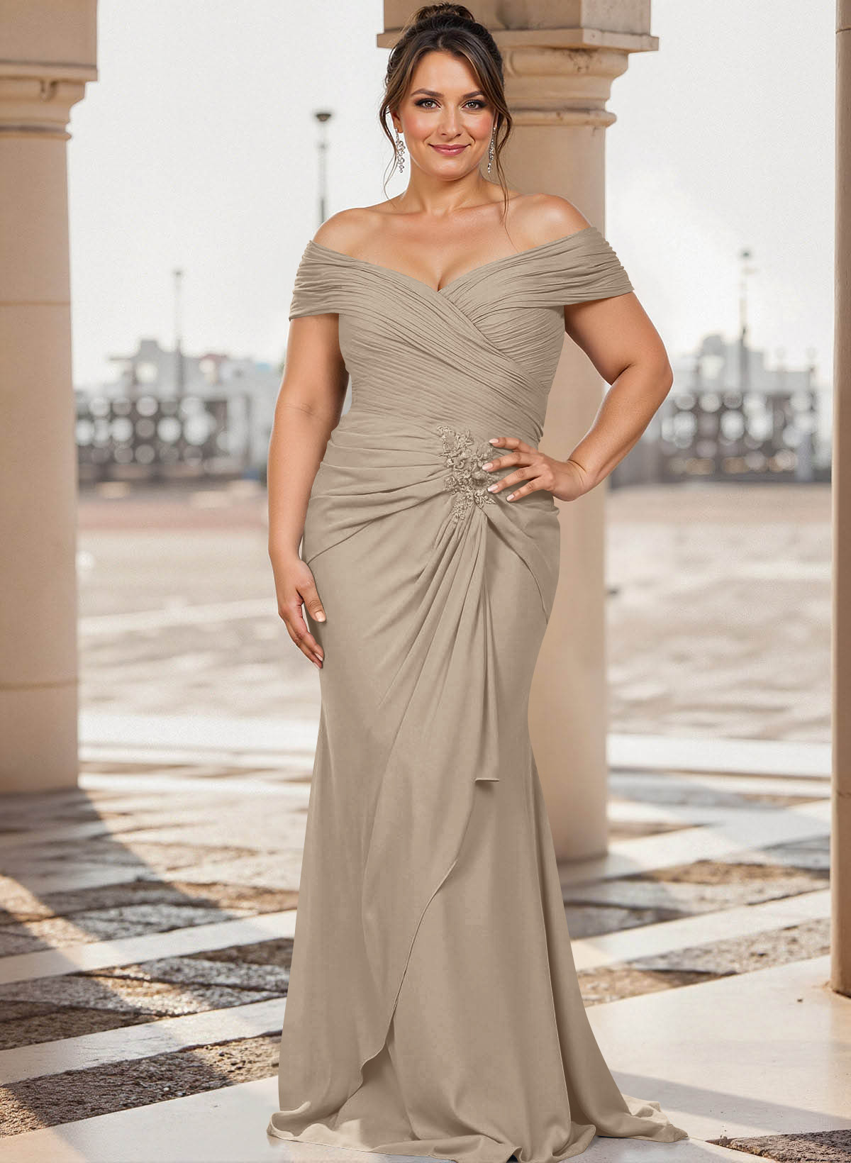 Flattering Ruched Wrap Off Shoulder Ruffled Waist Mother Of The Bride Dresses