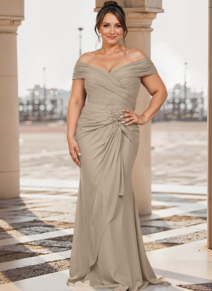 Flattering Ruched Wrap Off Shoulder Ruffled Waist Mother Of The Bride Dresses