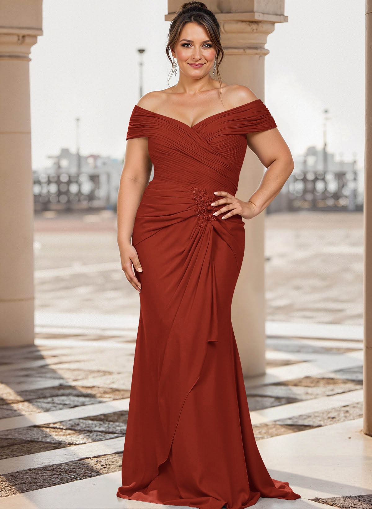 Flattering Ruched Wrap Off Shoulder Ruffled Waist Mother Of The Bride Dresses