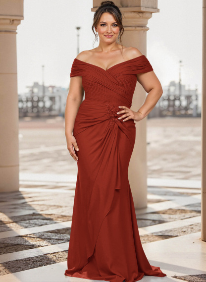 Flattering Ruched Wrap Off Shoulder Ruffled Waist Mother Of The Bride Dresses