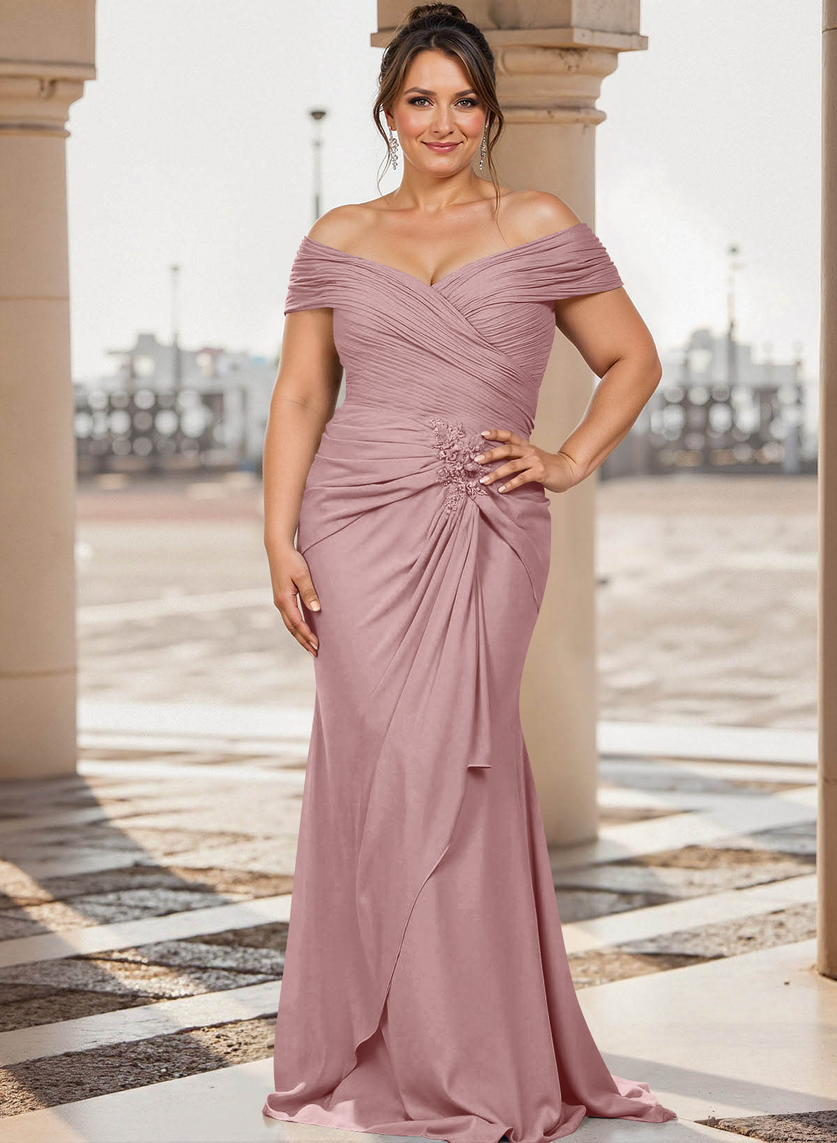 Flattering Ruched Wrap Off Shoulder Ruffled Waist Mother Of The Bride Dresses