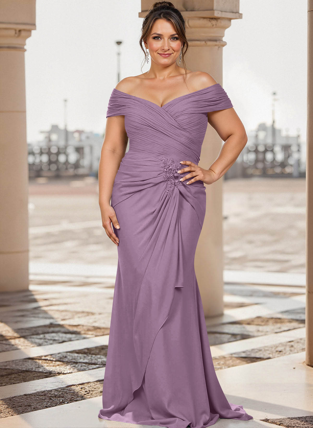 Flattering Ruched Wrap Off Shoulder Ruffled Waist Mother Of The Bride Dresses