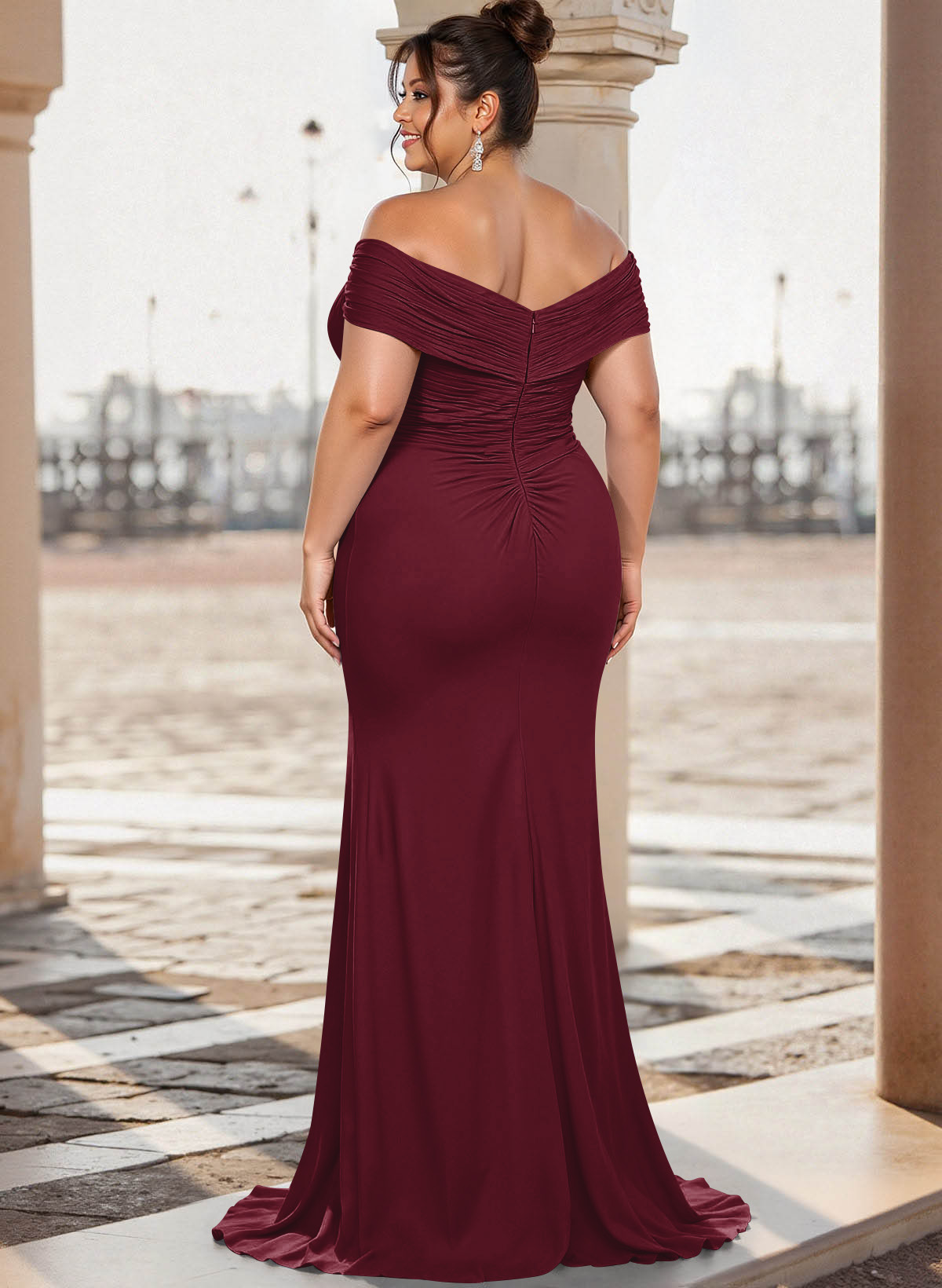 Flattering Ruched Wrap Off Shoulder Ruffled Waist Mother Of The Bride Dresses
