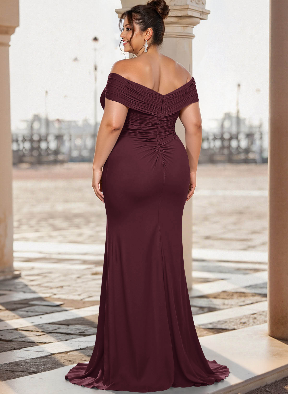 Flattering Ruched Wrap Off Shoulder Ruffled Waist Mother Of The Bride Dresses