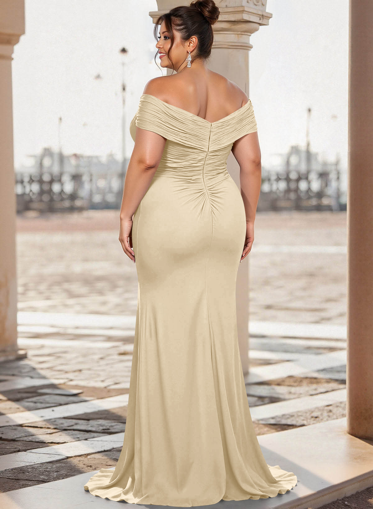 Flattering Ruched Wrap Off Shoulder Ruffled Waist Mother Of The Bride Dresses