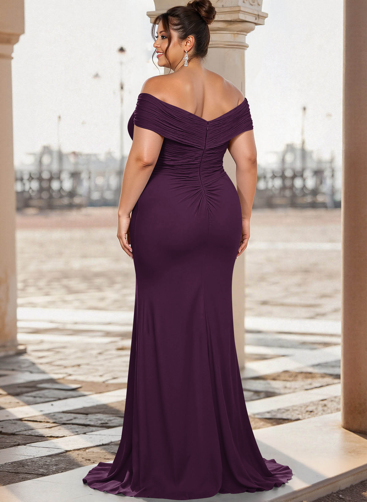 Flattering Ruched Wrap Off Shoulder Ruffled Waist Mother Of The Bride Dresses