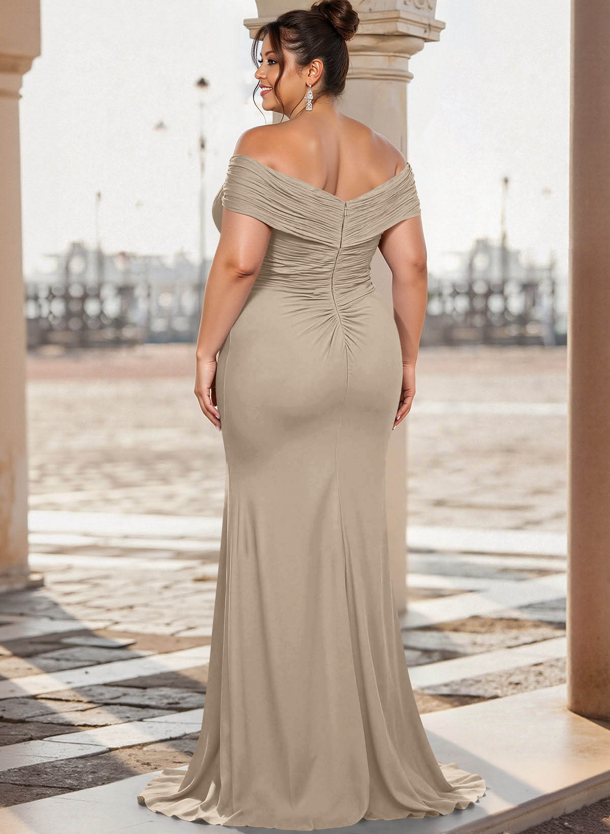 Flattering Ruched Wrap Off Shoulder Ruffled Waist Mother Of The Bride Dresses