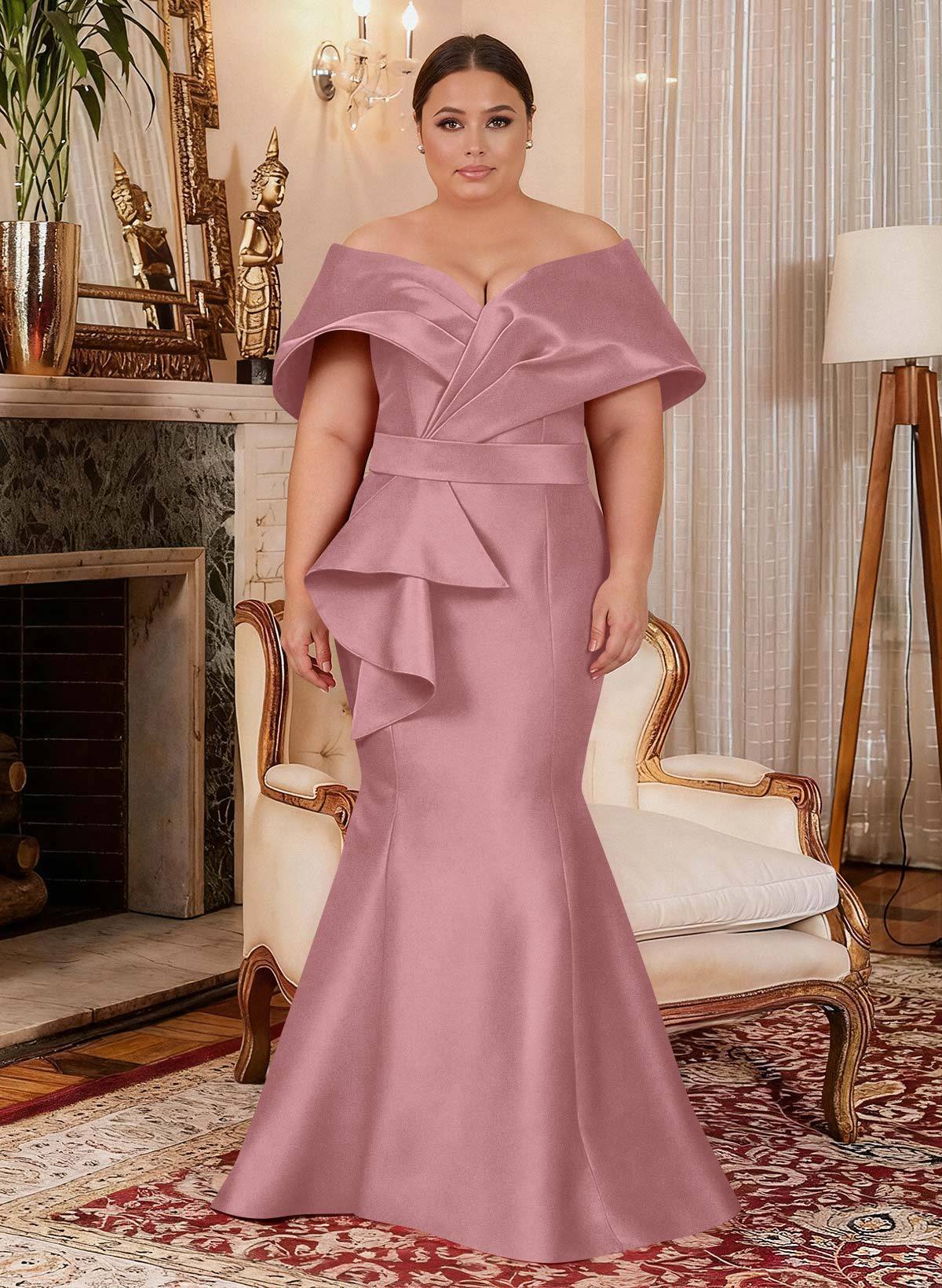 Elegant Off-The-Shoulder Mermaid Floor-Length Satin Mother Of The Bride Dresses With Ruffle, product image 21
