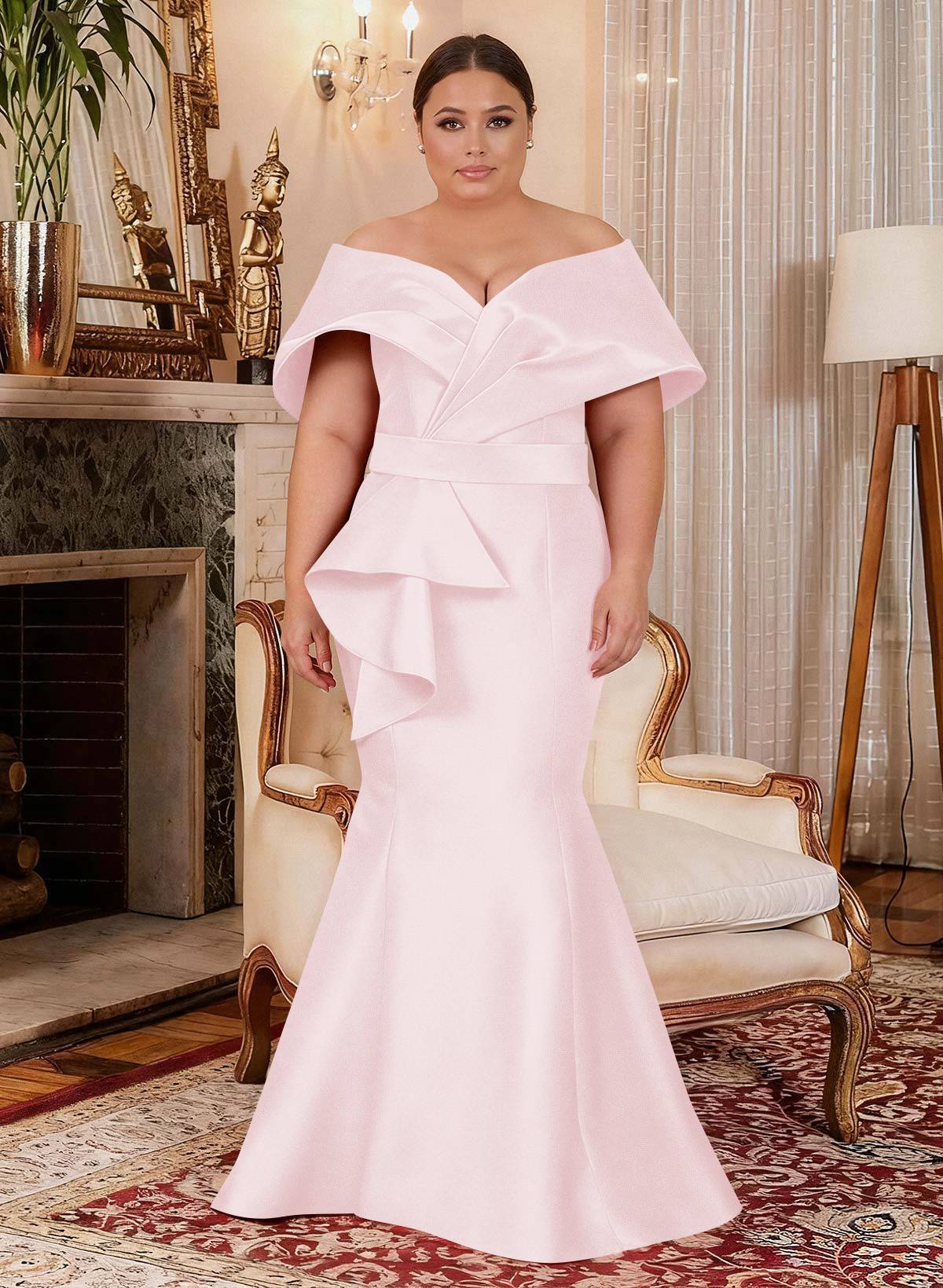 Elegant Off-The-Shoulder Mermaid Floor-Length Satin Mother Of The Bride Dresses With Ruffle, product image 24