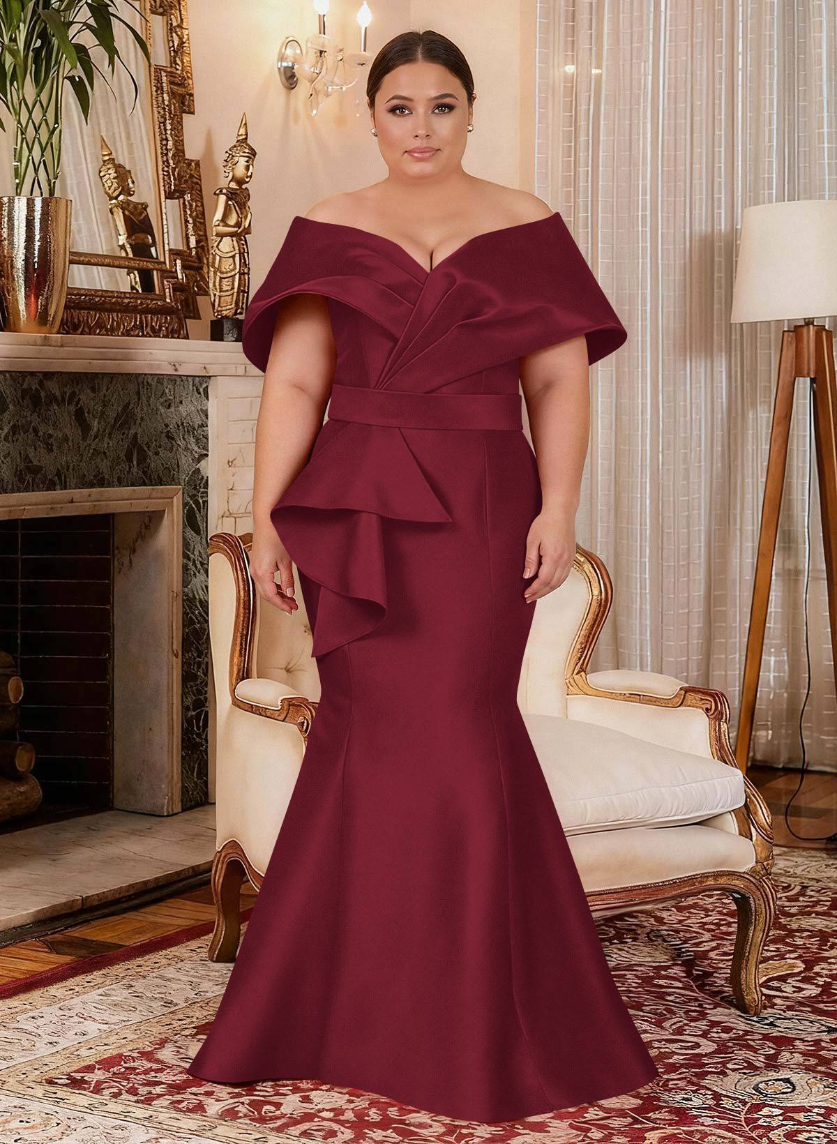 Elegant Off-The-Shoulder Mermaid Floor-Length Satin Mother Of The Bride Dresses With Ruffle, product image 26
