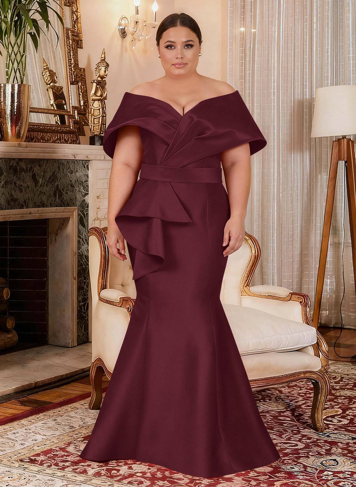 Elegant Off-The-Shoulder Mermaid Floor-Length Satin Mother Of The Bride Dresses With Ruffle, product image 27
