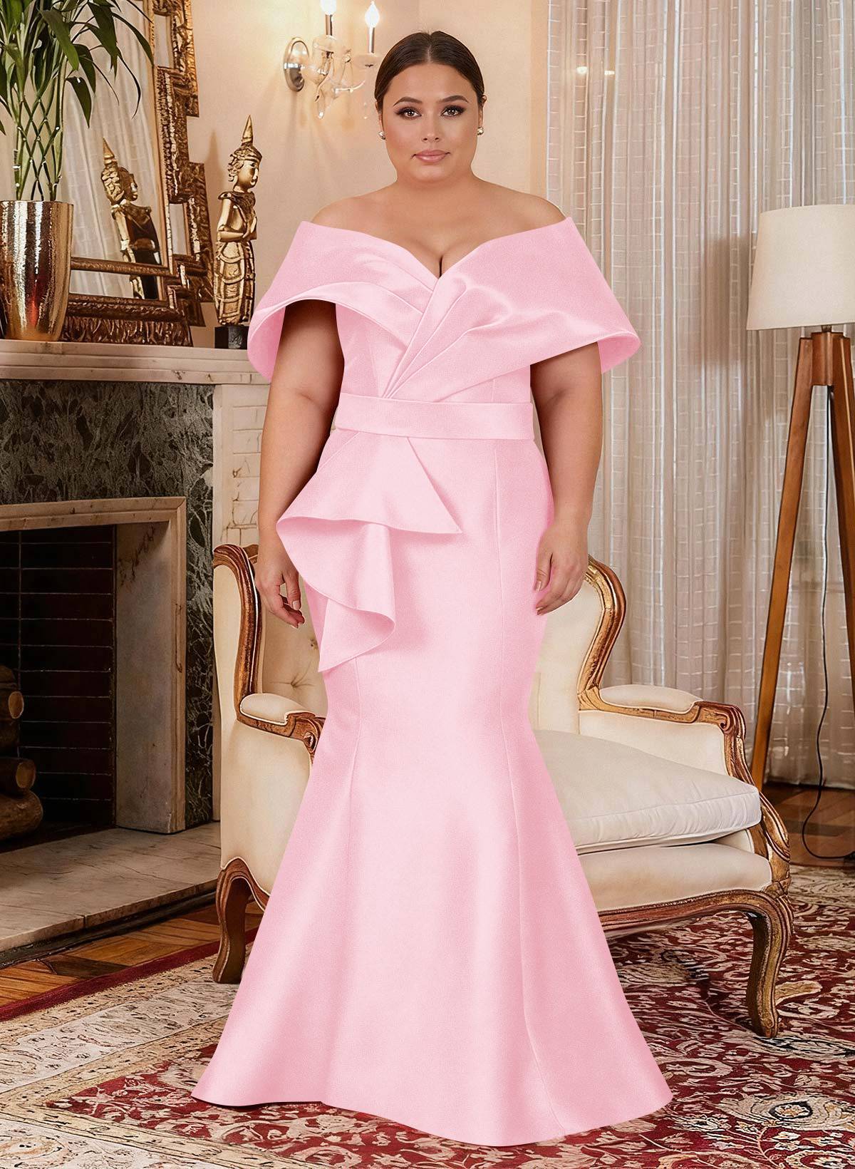 Elegant Off-The-Shoulder Mermaid Floor-Length Satin Mother Of The Bride Dresses With Ruffle, product image 25