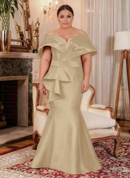 Elegant Off-The-Shoulder Mermaid Floor-Length Satin Mother Of The Bride Dresses With Ruffle, product image 4