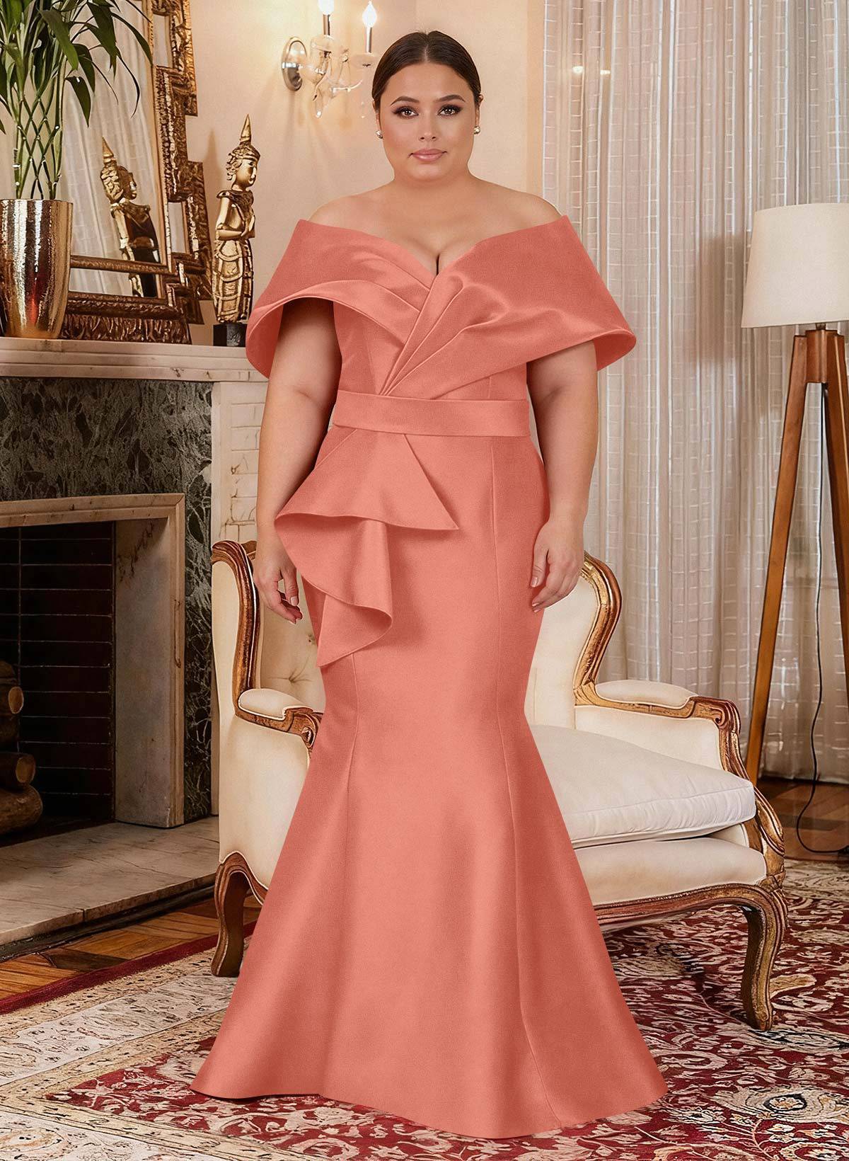 Elegant Off-The-Shoulder Mermaid Floor-Length Satin Mother Of The Bride Dresses With Ruffle, product image 23