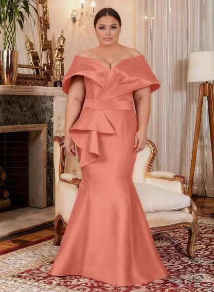 Elegant Off-The-Shoulder Mermaid Floor-Length Satin Mother Of The Bride Dresses With Ruffle, product image 23
