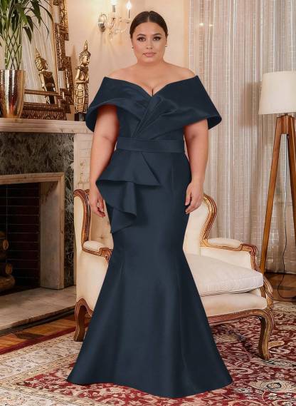 Elegant Off-The-Shoulder Mermaid Floor-Length Satin Mother Of The Bride Dresses With Ruffle, product image 5