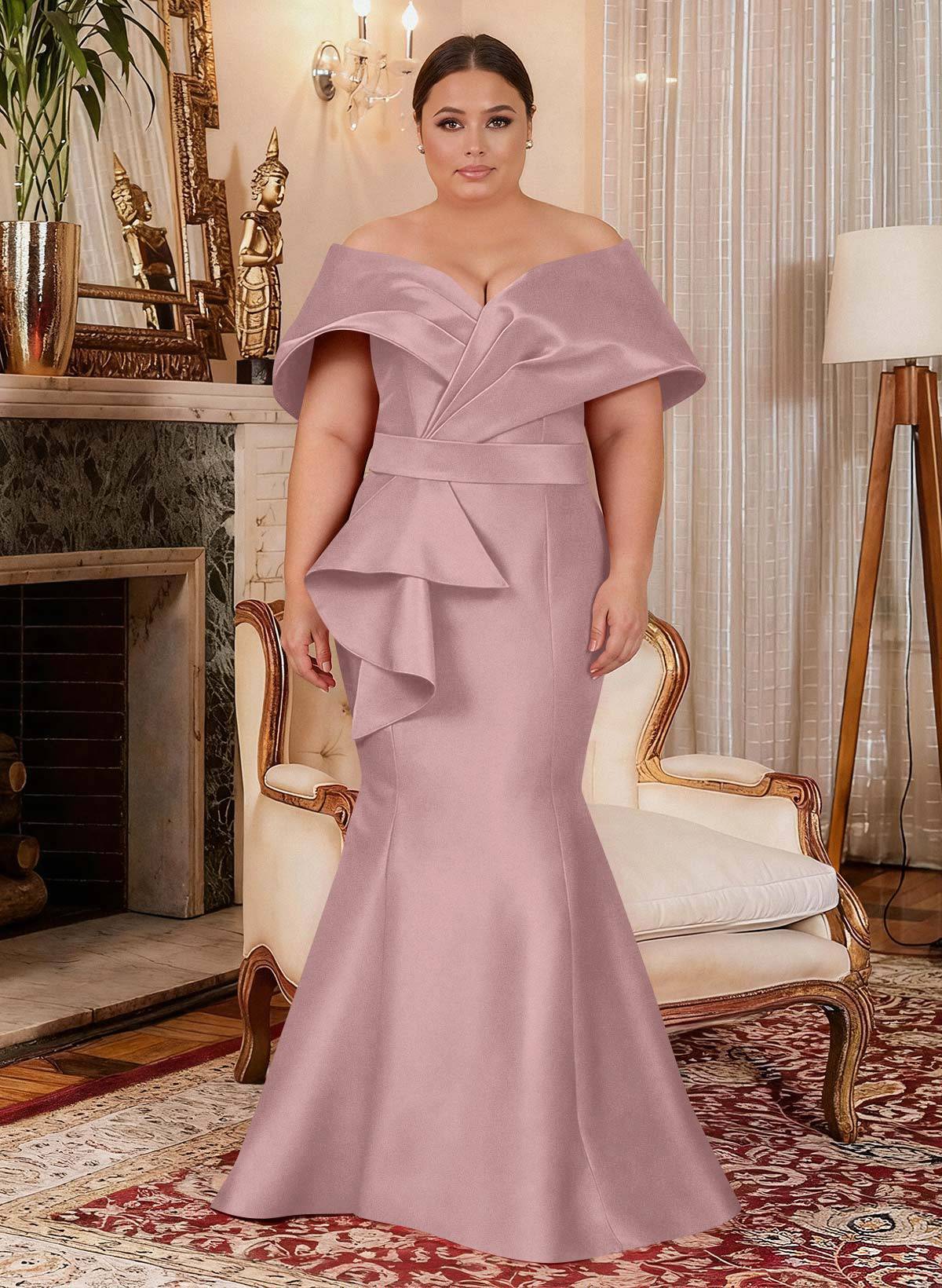Elegant Off-The-Shoulder Mermaid Floor-Length Satin Mother Of The Bride Dresses With Ruffle, product image 19