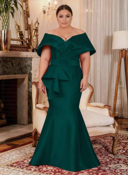 Elegant Off-The-Shoulder Mermaid Floor-Length Satin Mother Of The Bride Dresses With Ruffle, product image 33