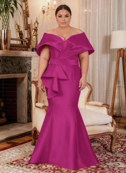 Elegant Off-The-Shoulder Mermaid Floor-Length Satin Mother Of The Bride Dresses With Ruffle, product image 17