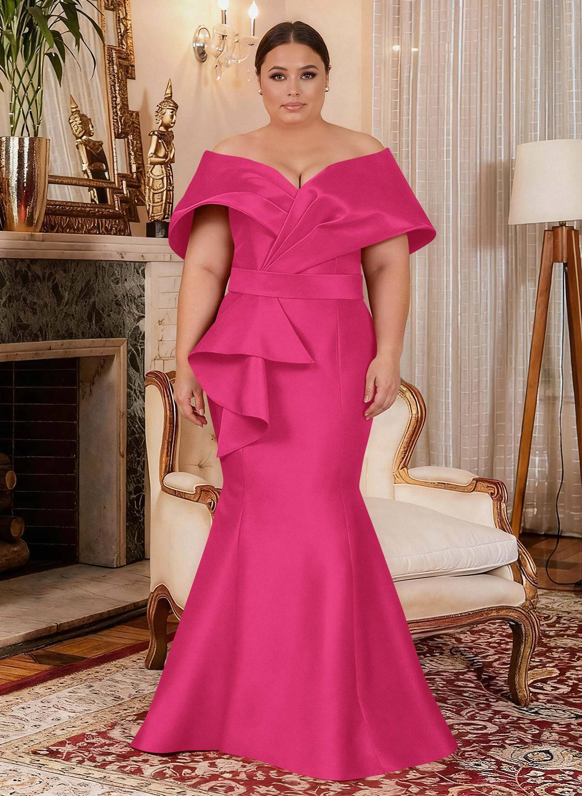 Elegant Off-The-Shoulder Mermaid Floor-Length Satin Mother Of The Bride Dresses With Ruffle, product image 18