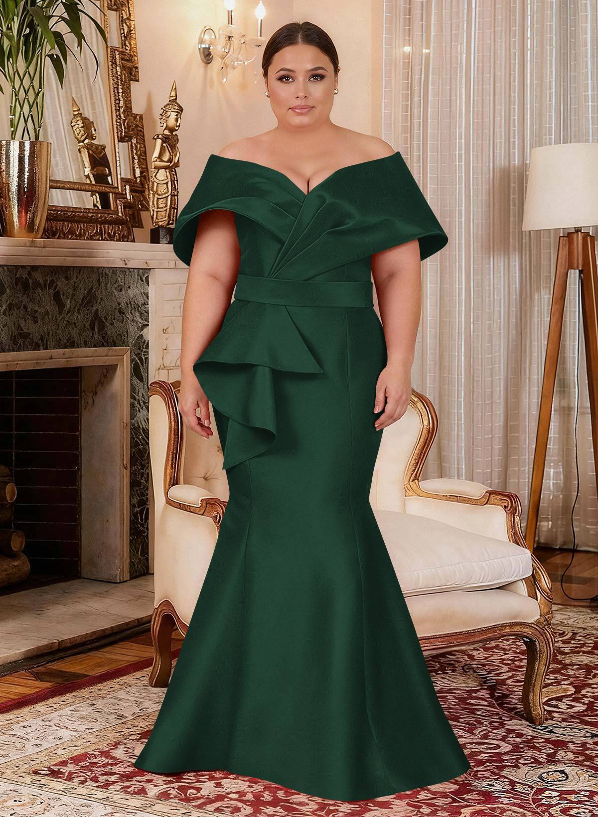 Elegant Off-The-Shoulder Mermaid Floor-Length Satin Mother Of The Bride Dresses With Ruffle, product image 32