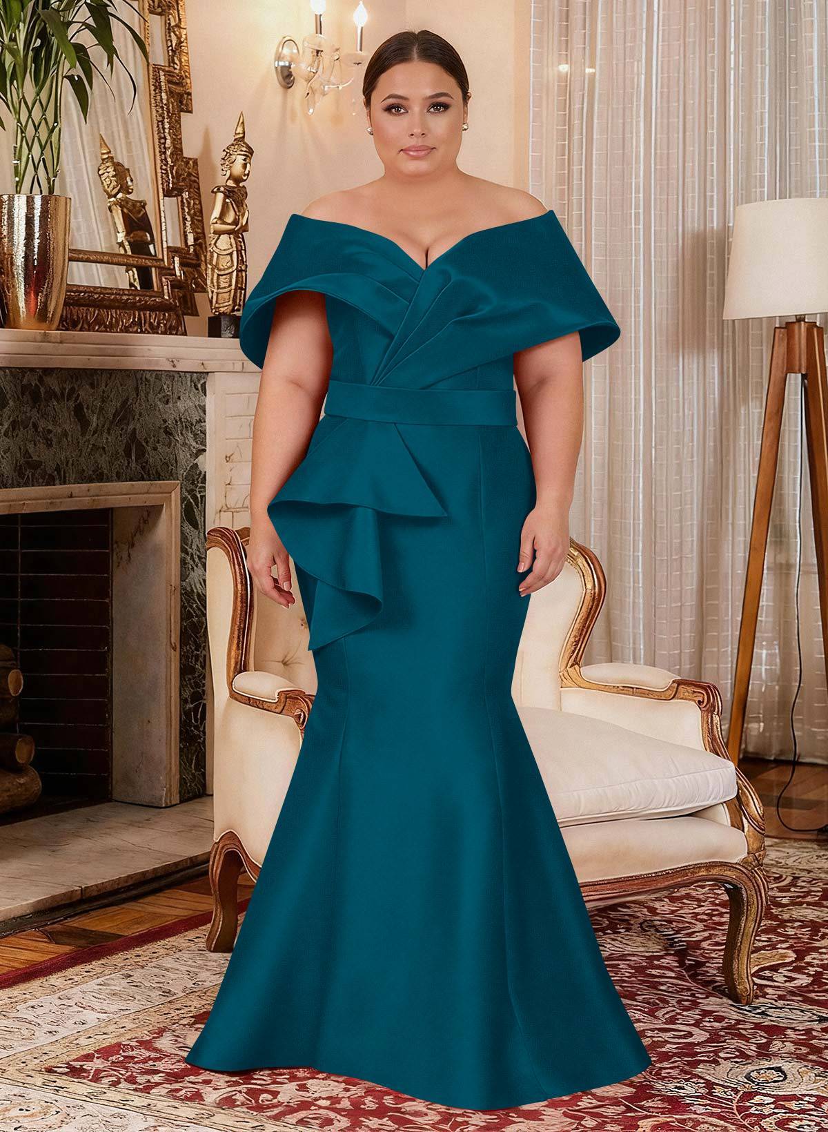 Elegant Off-The-Shoulder Mermaid Floor-Length Satin Mother Of The Bride Dresses With Ruffle, product image 12