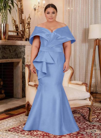 Elegant Off-The-Shoulder Mermaid Floor-Length Satin Mother Of The Bride Dresses With Ruffle, product image 15