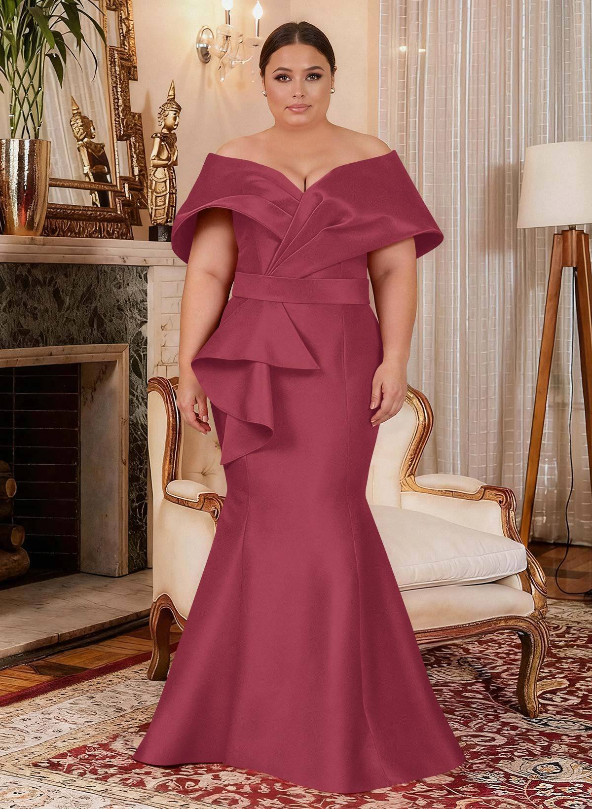 Elegant Off-The-Shoulder Mermaid Floor-Length Satin Mother Of The Bride Dresses With Ruffle, product image 29