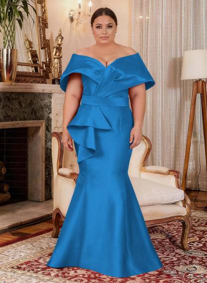 Elegant Off-The-Shoulder Mermaid Floor-Length Satin Mother Of The Bride Dresses With Ruffle, product image 14