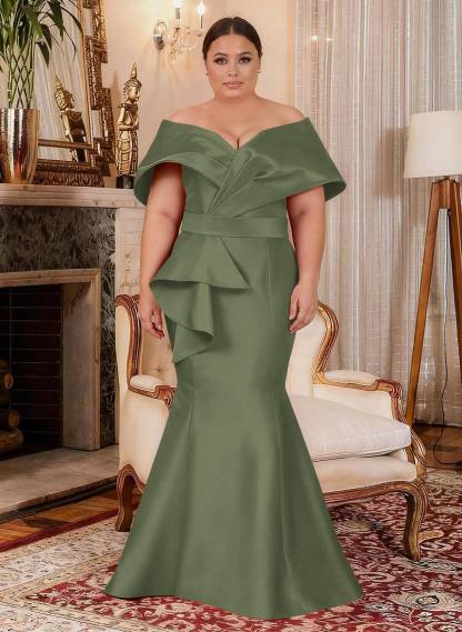 Elegant Off-The-Shoulder Mermaid Floor-Length Satin Mother Of The Bride Dresses With Ruffle, product image 34