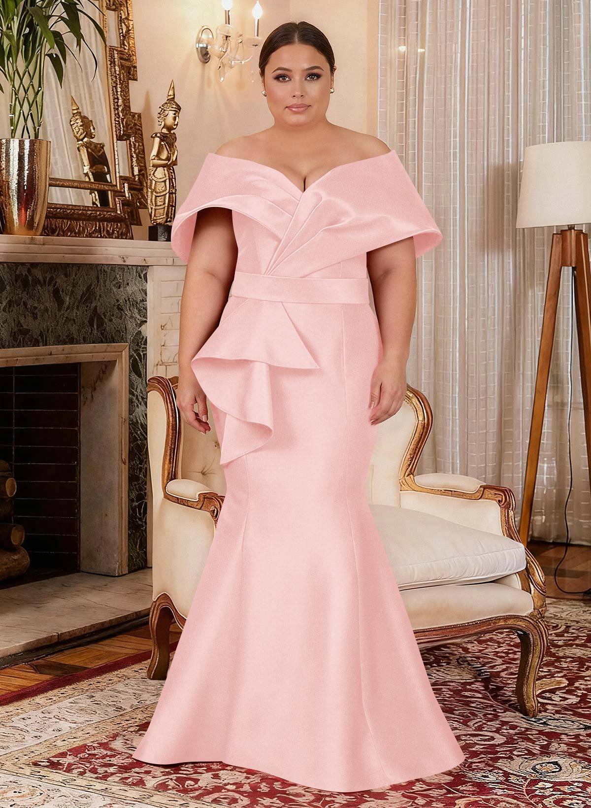 Elegant Off-The-Shoulder Mermaid Floor-Length Satin Mother Of The Bride Dresses With Ruffle, product image 22