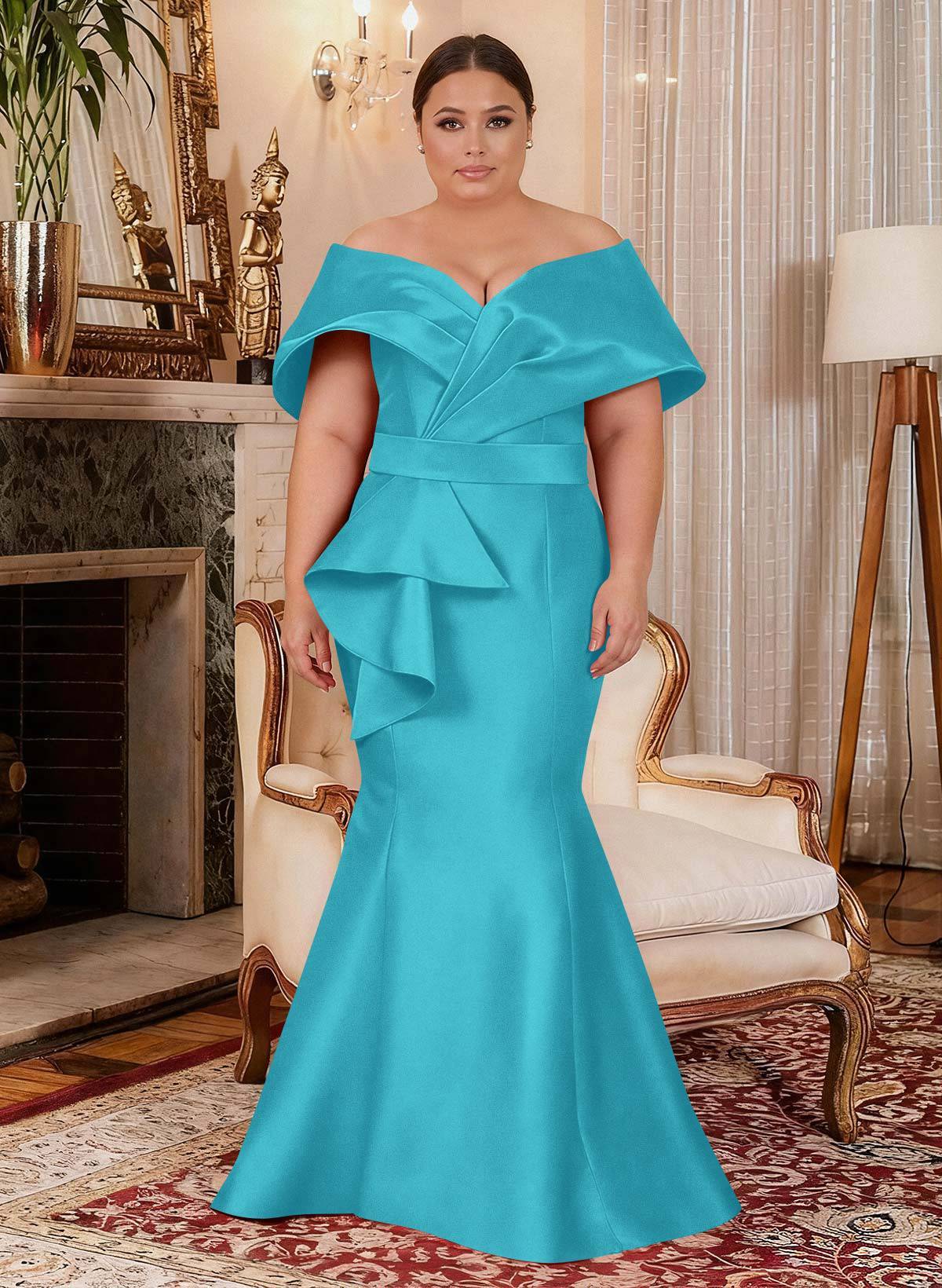 Elegant Off-The-Shoulder Mermaid Floor-Length Satin Mother Of The Bride Dresses With Ruffle, product image 13