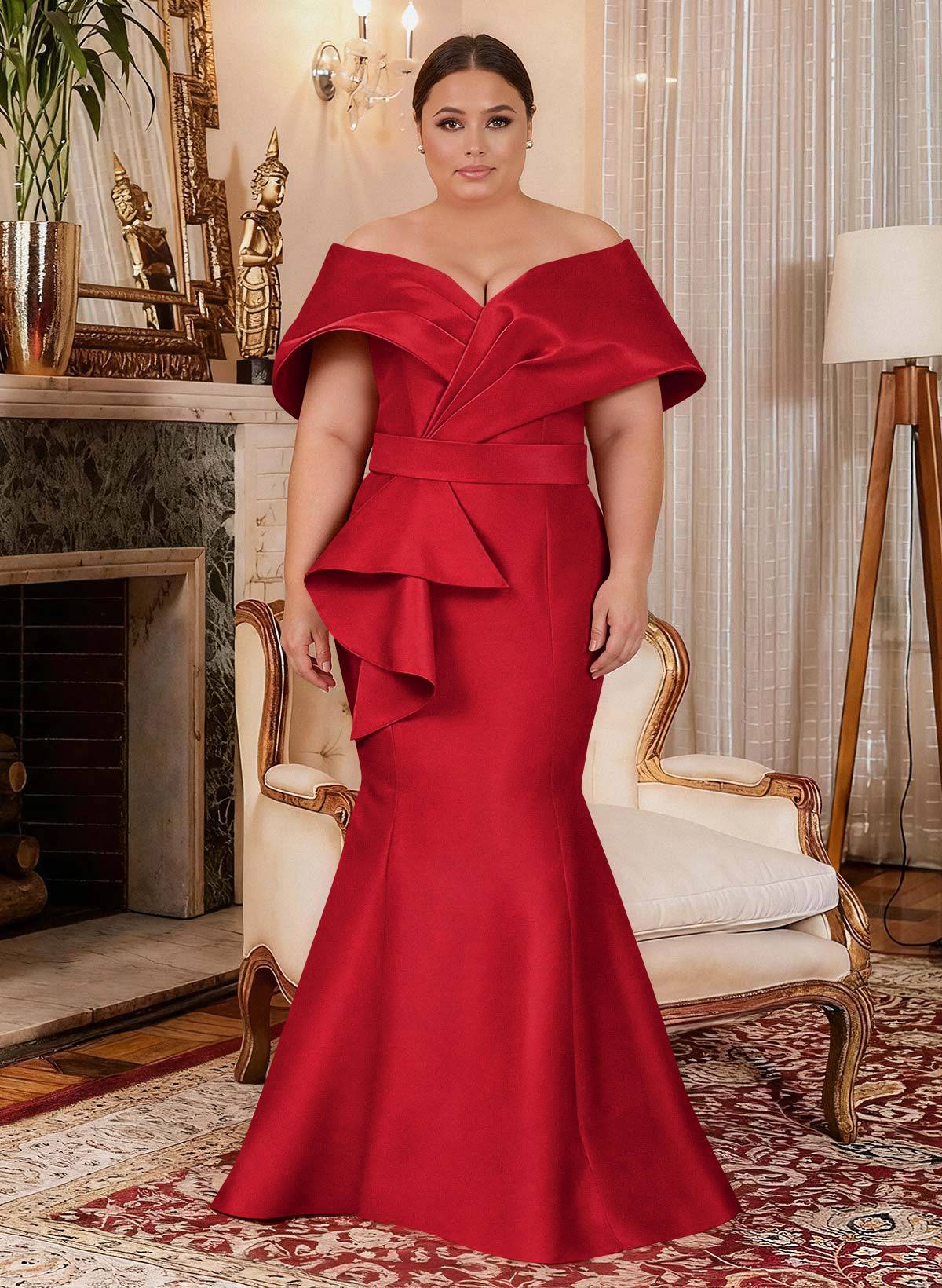 Elegant Off-The-Shoulder Mermaid Floor-Length Satin Mother Of The Bride Dresses With Ruffle, product image 1