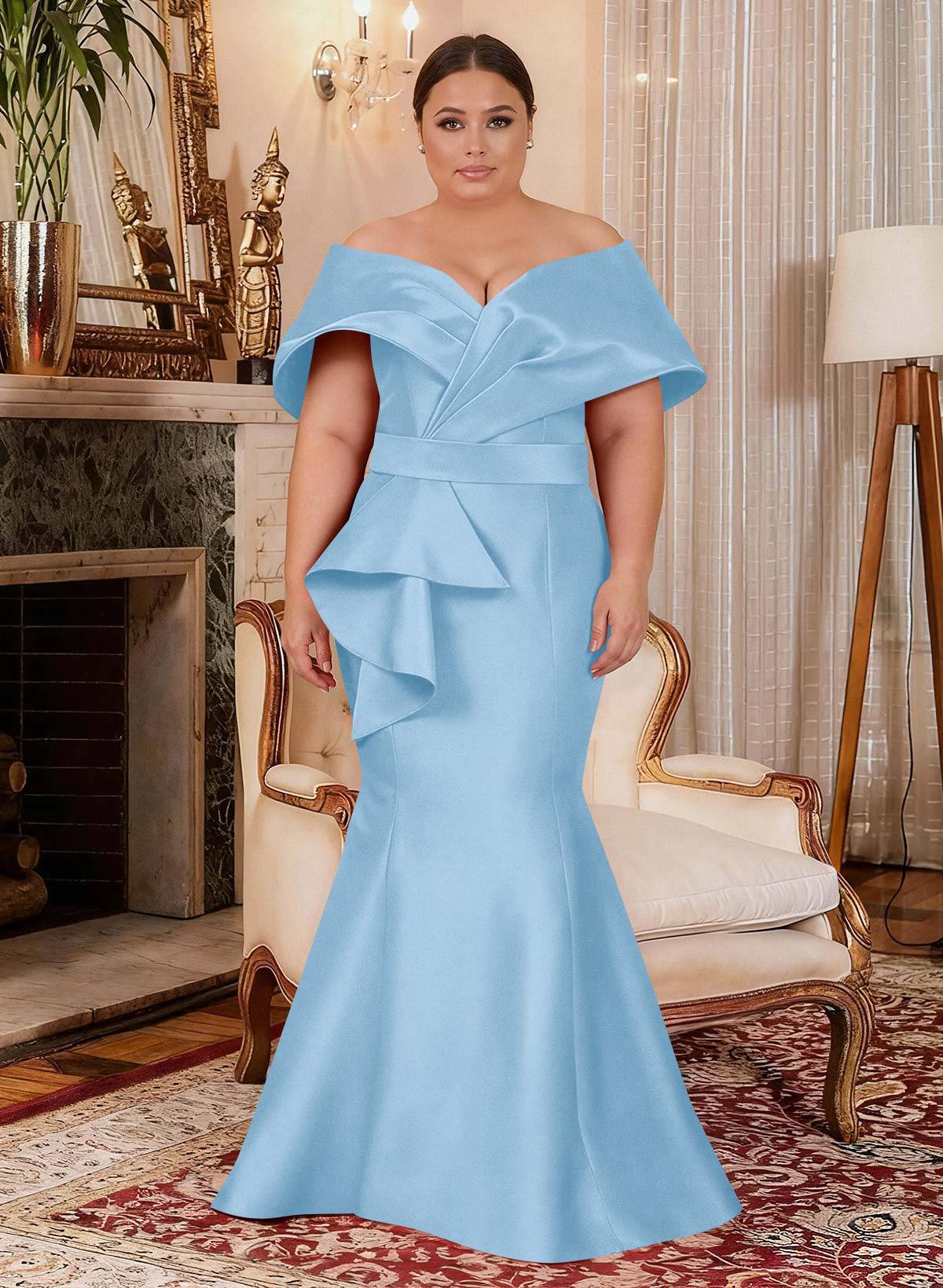 Elegant Off-The-Shoulder Mermaid Floor-Length Satin Mother Of The Bride Dresses With Ruffle, product image 11