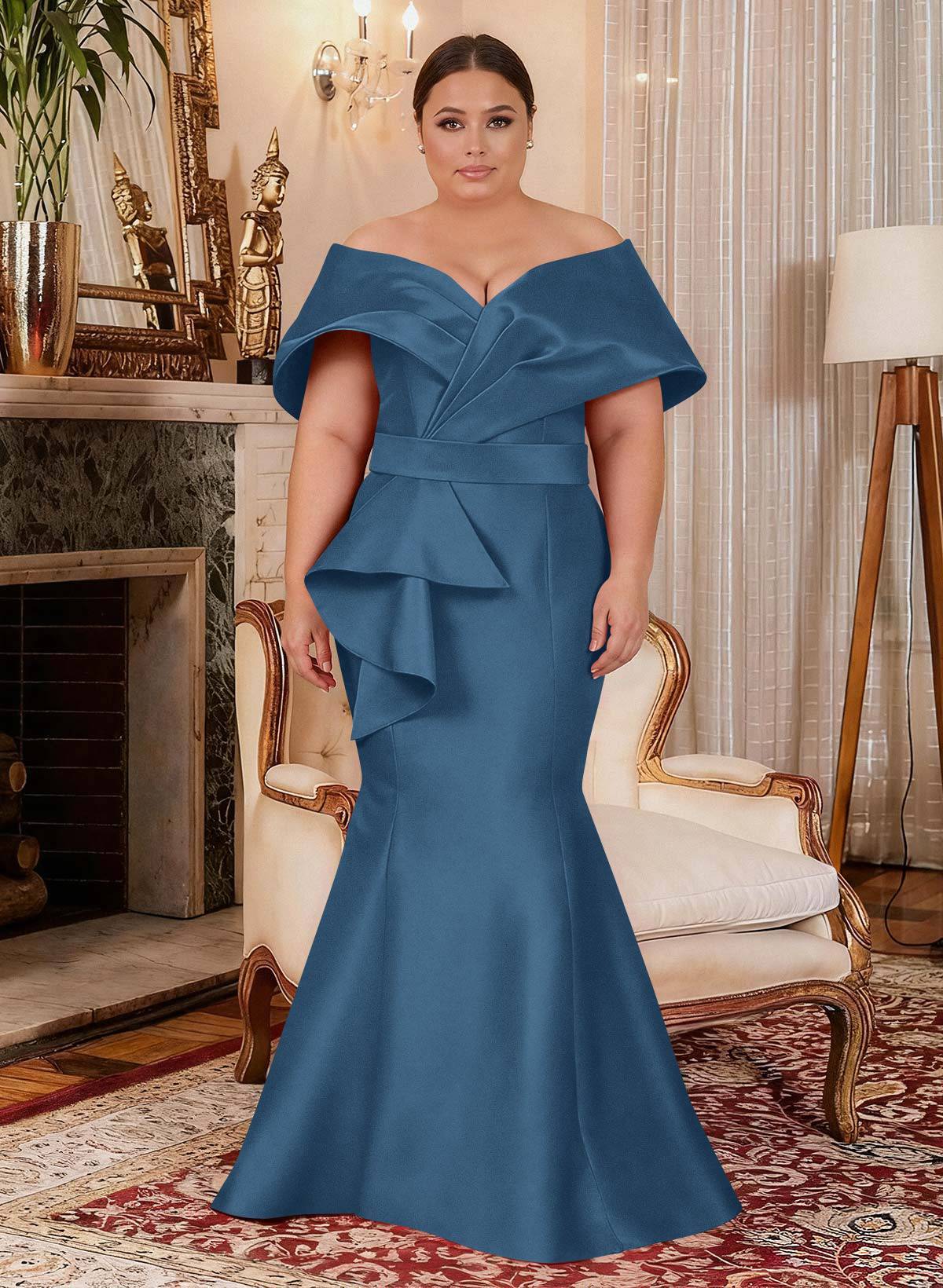 Elegant Off-The-Shoulder Mermaid Floor-Length Satin Mother Of The Bride Dresses With Ruffle, product image 8