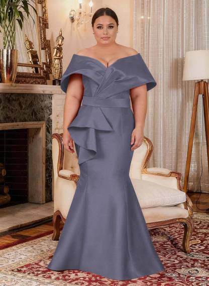 Elegant Off-The-Shoulder Mermaid Floor-Length Satin Mother Of The Bride Dresses With Ruffle, product image 9