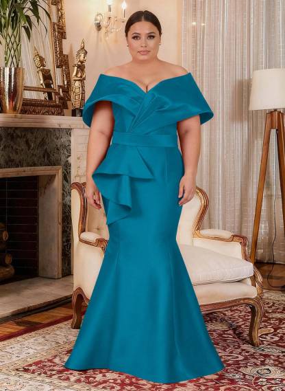 Elegant Off-The-Shoulder Mermaid Floor-Length Satin Mother Of The Bride Dresses With Ruffle, product image 16